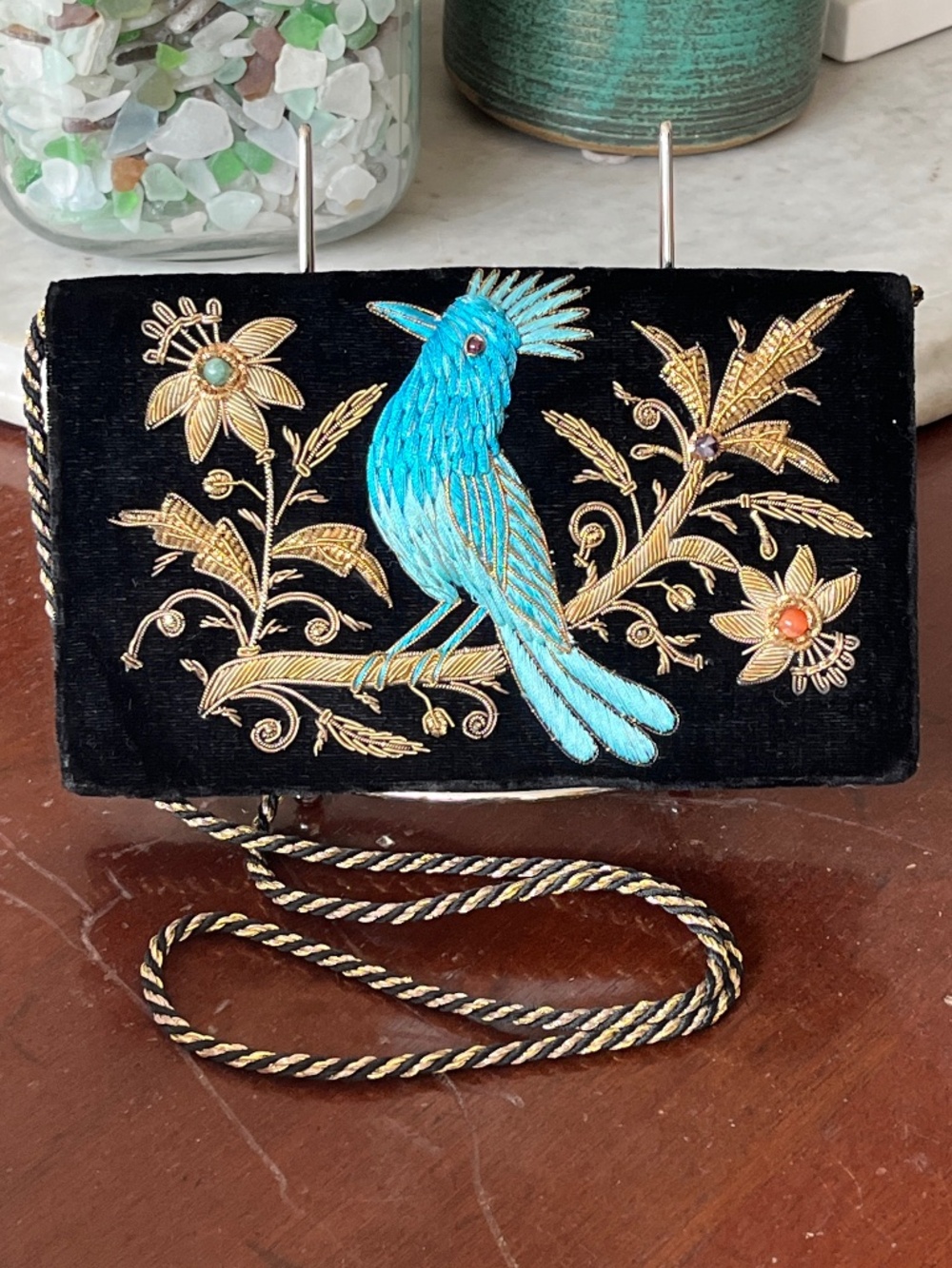 Vintage Velvet Clutch Purse Evening Zardozi Black Blue Bird Gold Embroidered LN